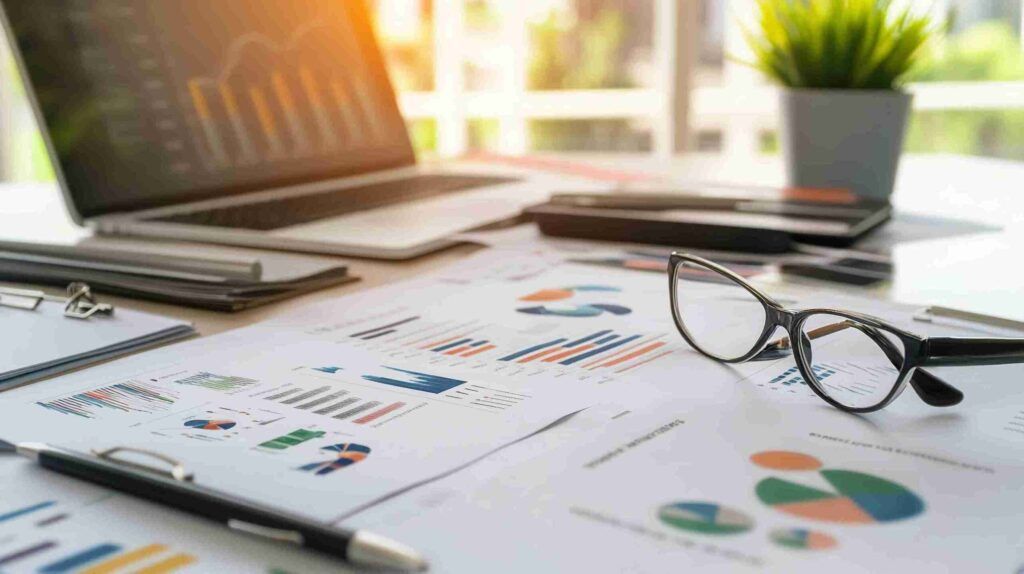 Business Analysis With Charts, Laptop, and Glasses on Desk